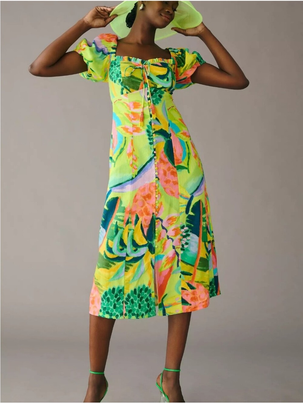 Neon Lime Multi-Print Puff Sleeve Midi Dress